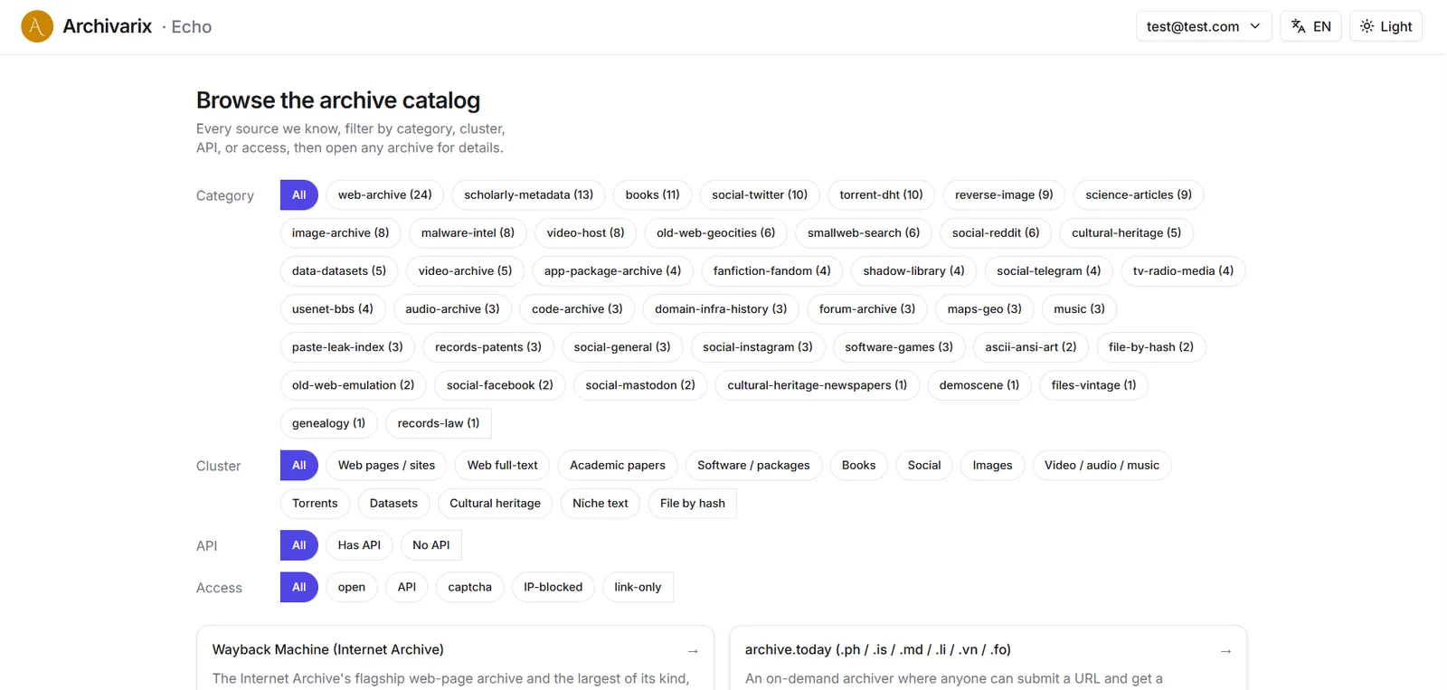 Der Katalog von Archivarix Echo: über 200 Archive filtern nach Kategorie, Cluster, API und Zugangsart